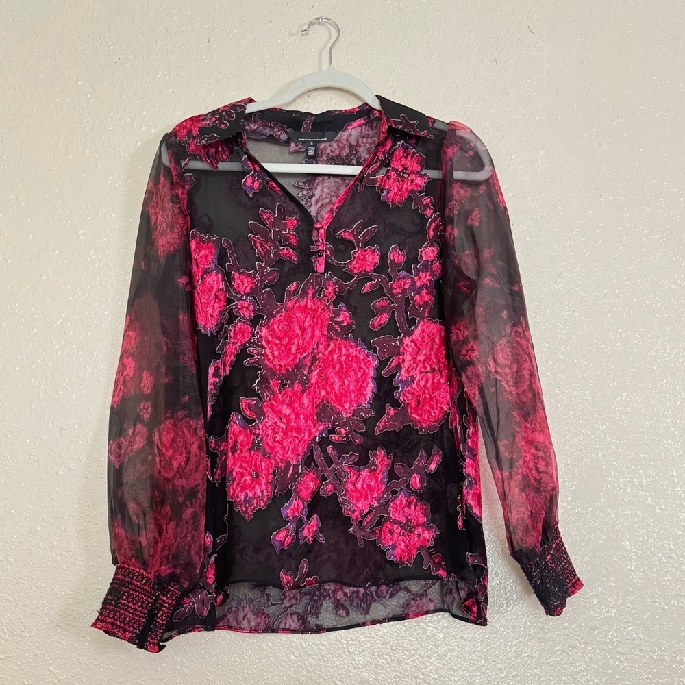 WHBM Organza Sleeve Silk Burnout Blouse - Picture 2 of 10